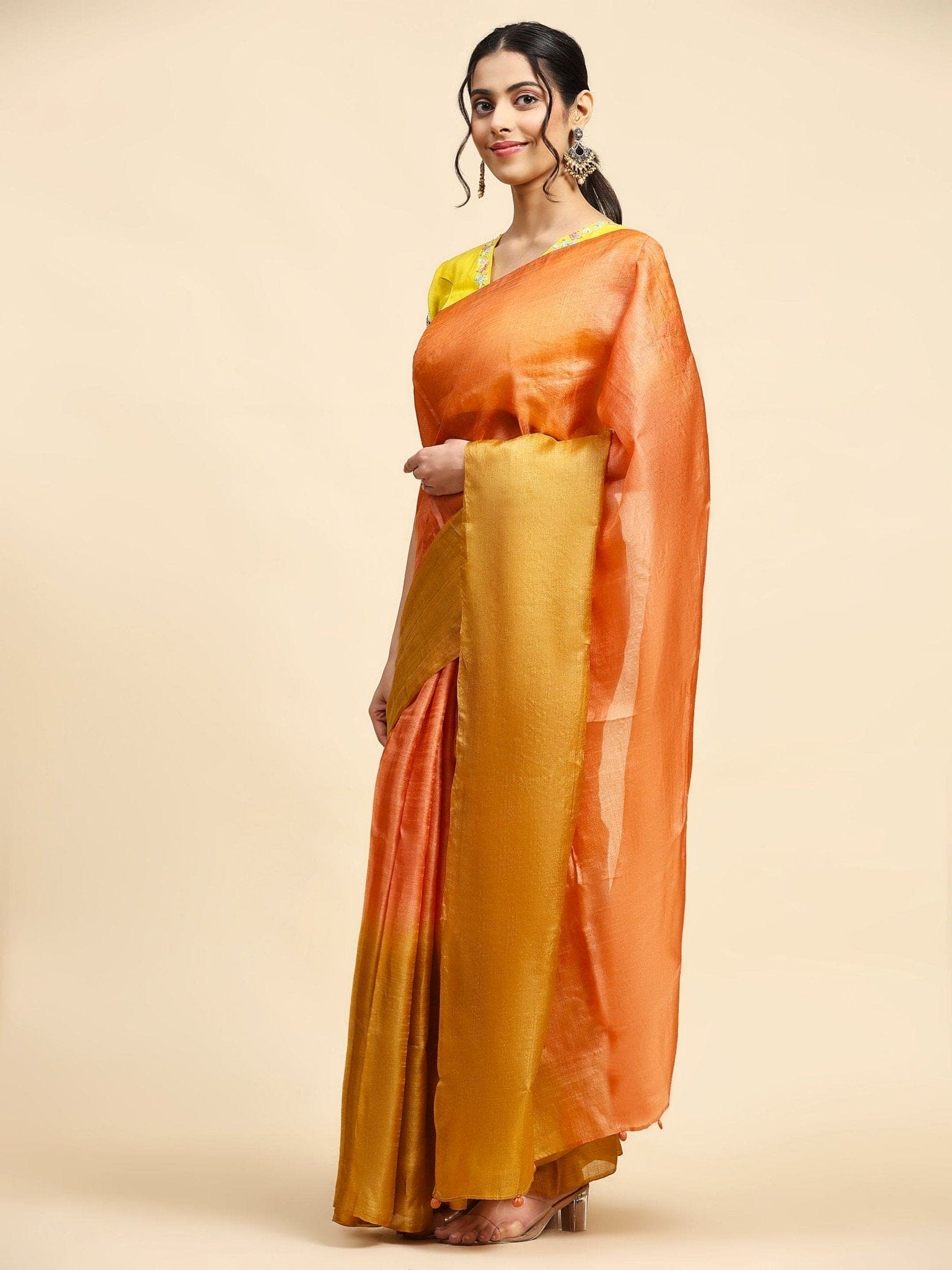 Orange & Mustured Yellow Tussar Silk Sarees - Charkha TalesOrange & Mustured Yellow Tussar Silk Sarees