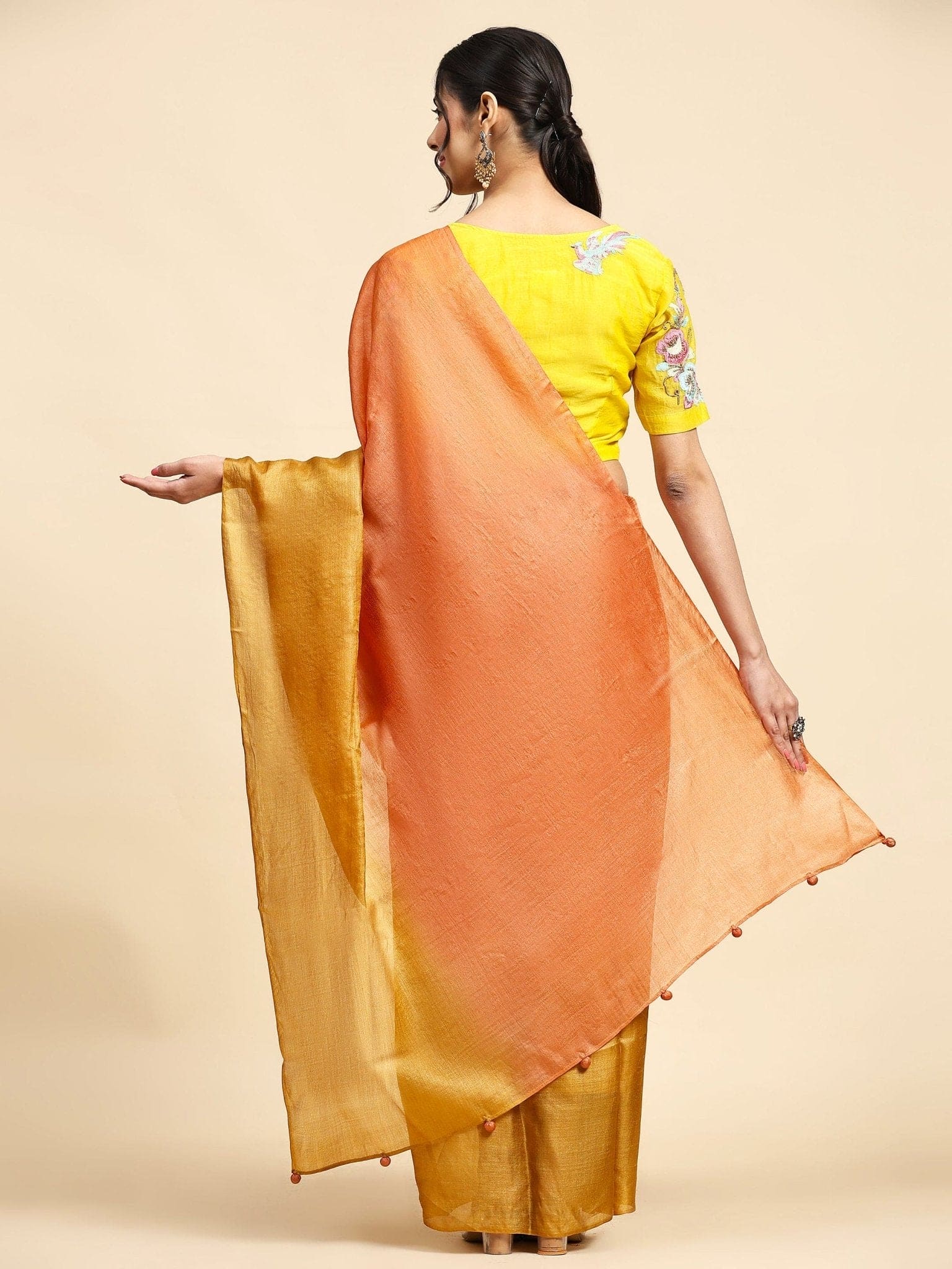 Orange & Mustured Yellow Tussar Silk Sarees - Charkha TalesOrange & Mustured Yellow Tussar Silk Sarees