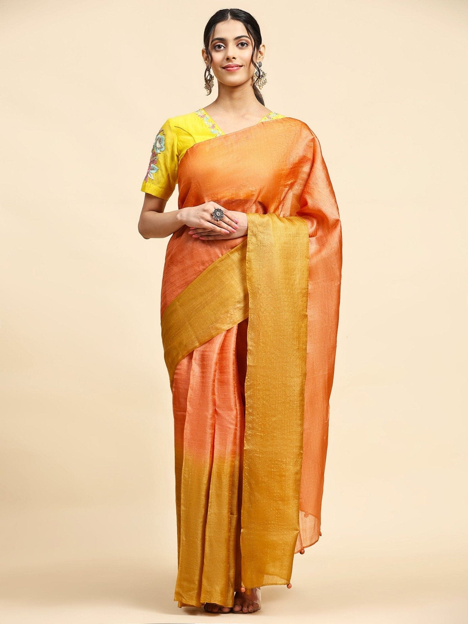 Orange & Mustured Yellow Tussar Silk Sarees - Charkha TalesOrange & Mustured Yellow Tussar Silk Sarees