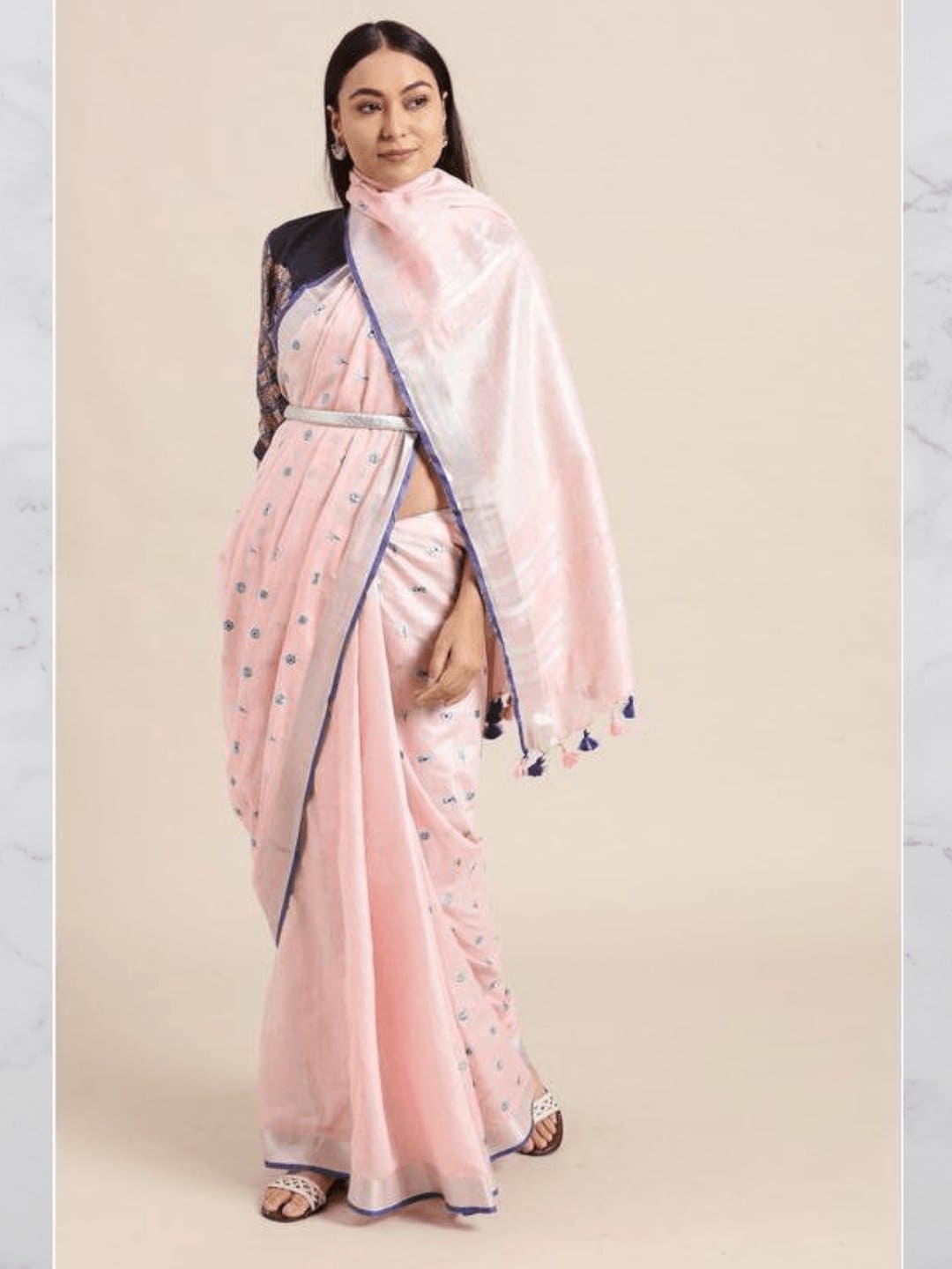 Pastel Pink Linen Floral Embroidered Saree - Charkha TalesPastel Pink Linen Floral Embroidered Saree