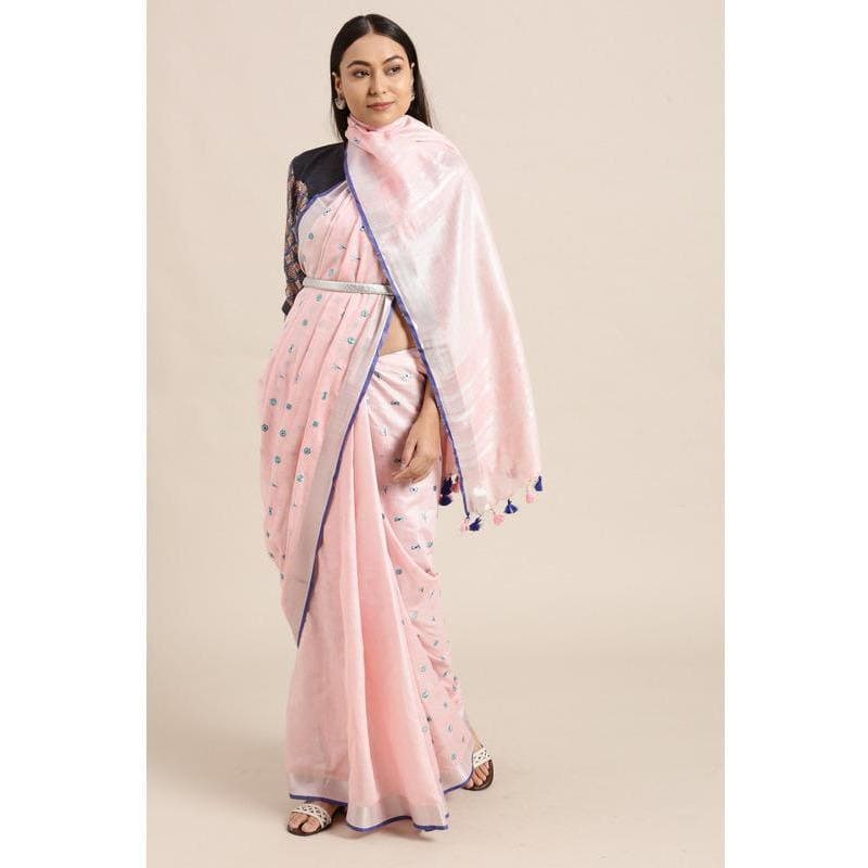 Pastel Pink Linen Floral Embroidered Saree - Charkha TalesPastel Pink Linen Floral Embroidered Saree