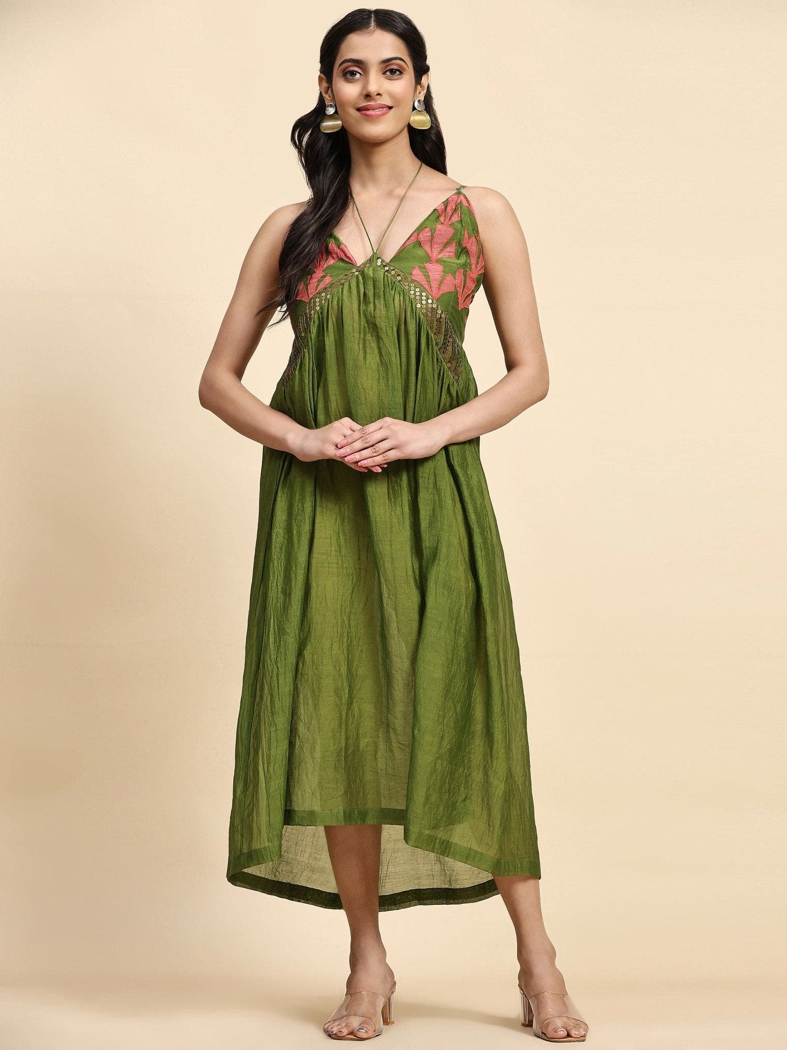 Patch Work With Zardozi Pure Silk Dress - Green Charkha Tales Patch Work With Zardozi Pure Silk Dress - Green Charkha Tales