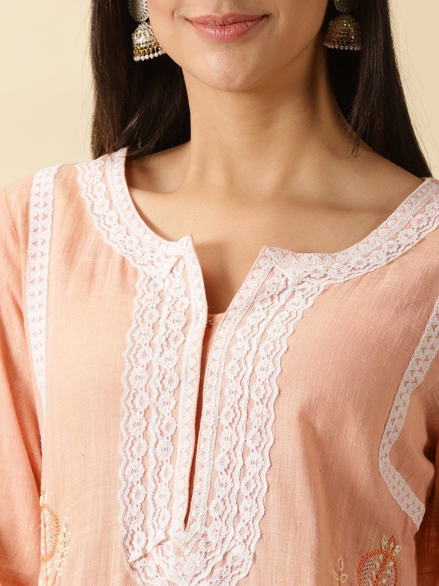 Peach A-Line Kurta Set - Charkha TalesPeach A-Line Kurta Set