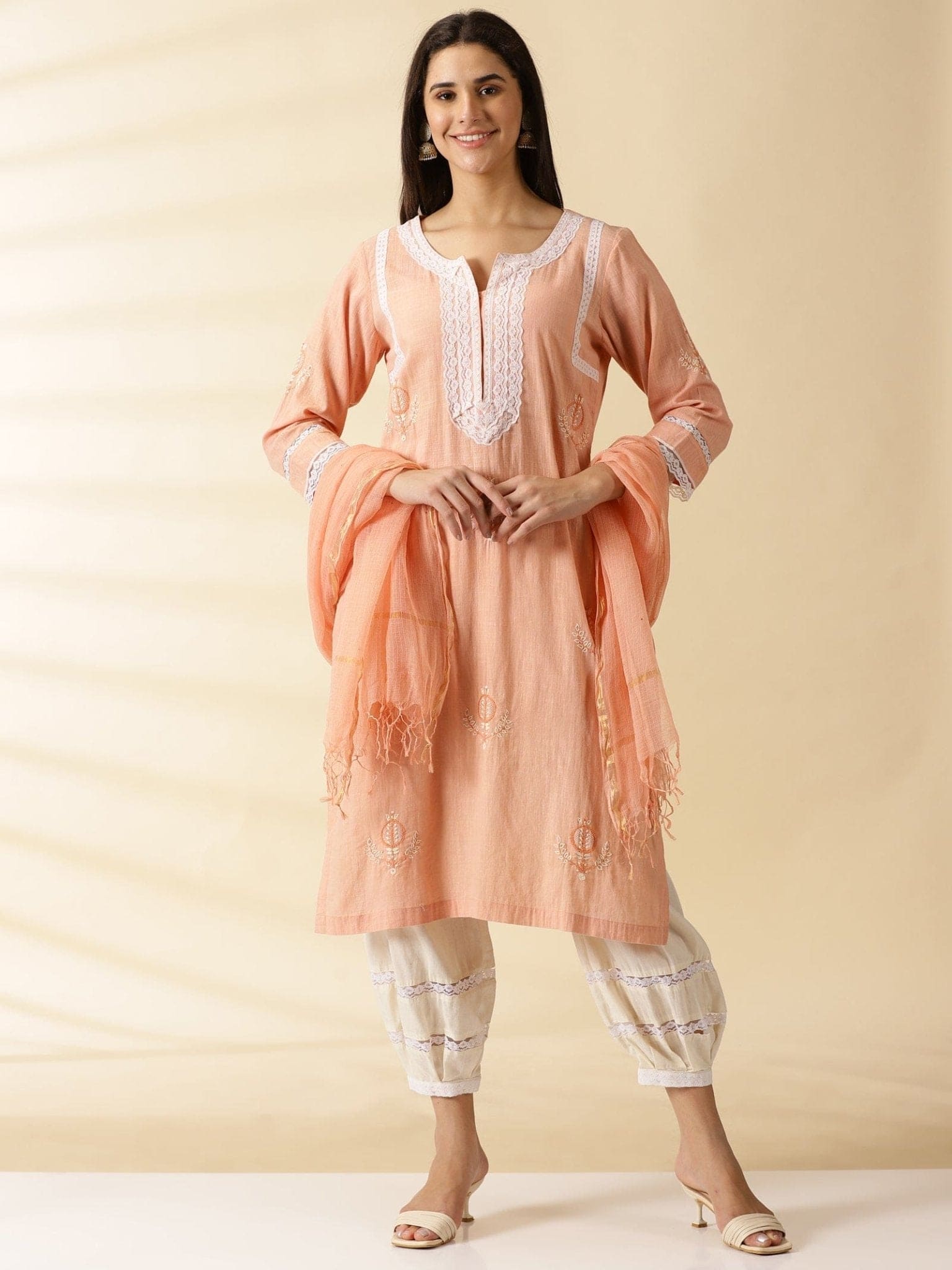 Peach A-Line Kurta Set - Charkha TalesPeach A-Line Kurta Set