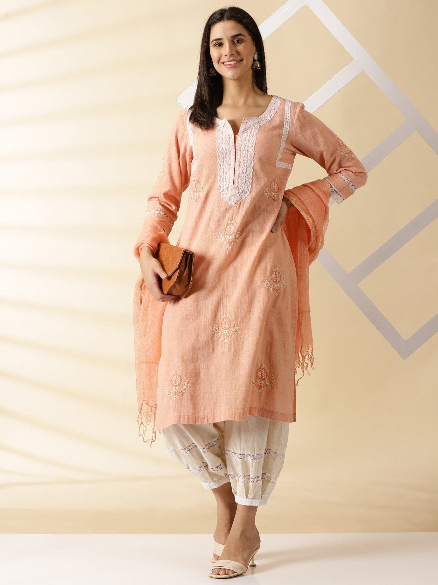 Peach A-Line Kurta Set - Charkha TalesPeach A-Line Kurta Set