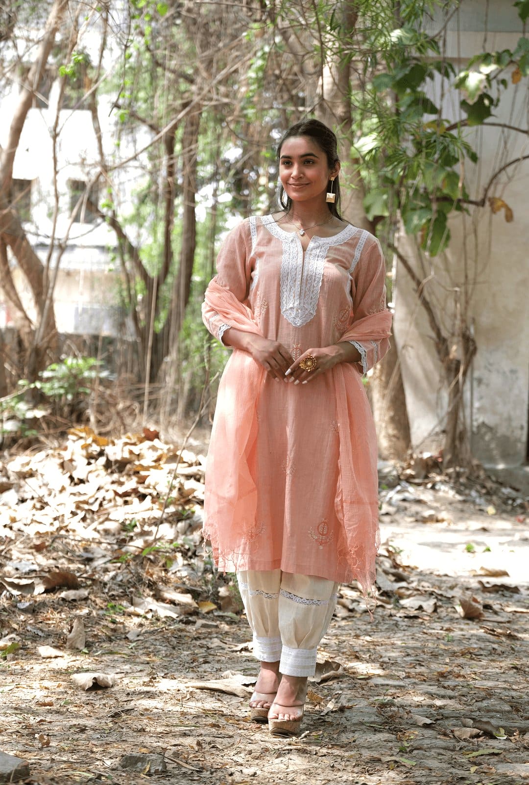 Peach A-Line Kurta Set - Charkha TalesPeach A-Line Kurta Set