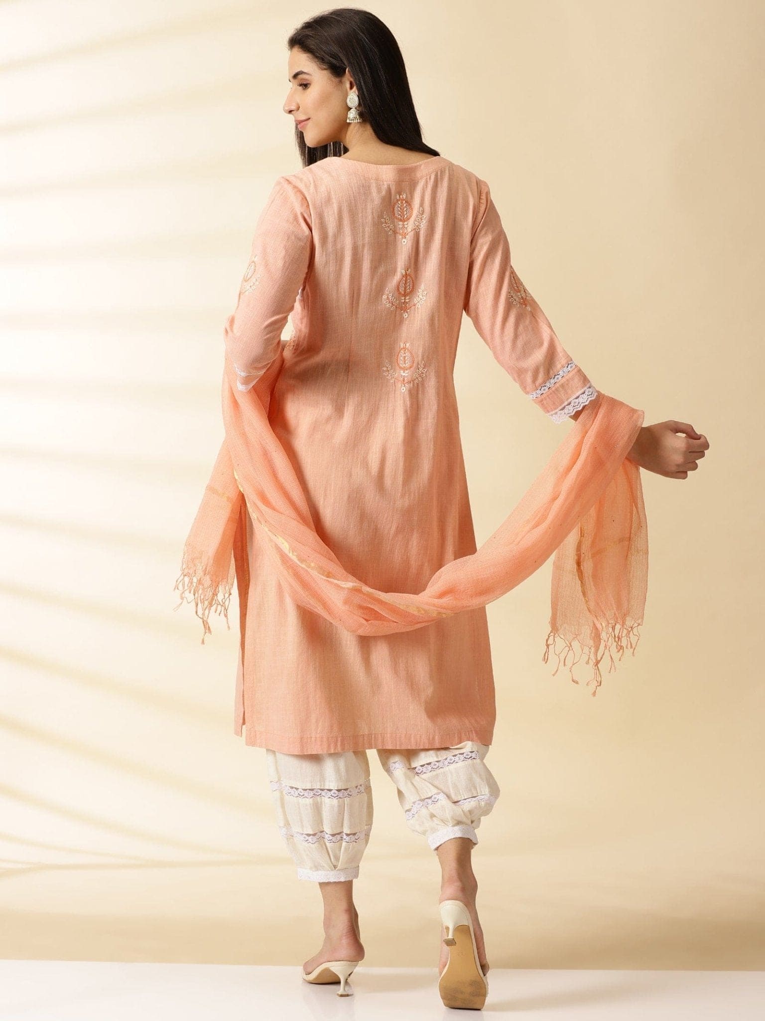 Peach A-Line Kurta Set - Charkha TalesPeach A-Line Kurta Set