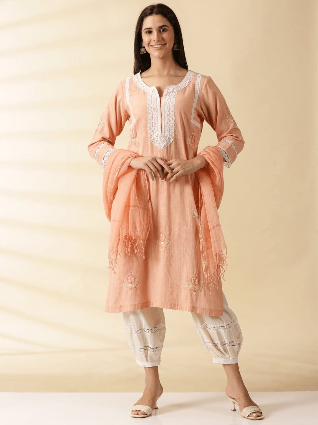 Peach A-Line Kurta Set - Charkha TalesPeach A-Line Kurta Set