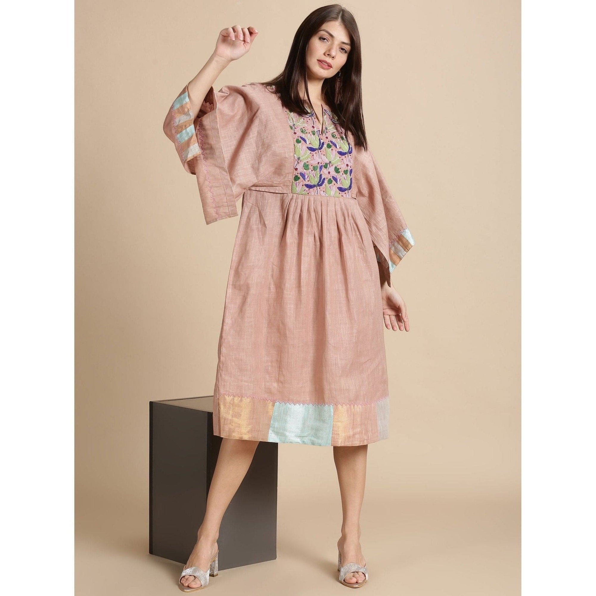 Peach Beads Work Kaftan - Charkha TalesPeach Beads Work Kaftan