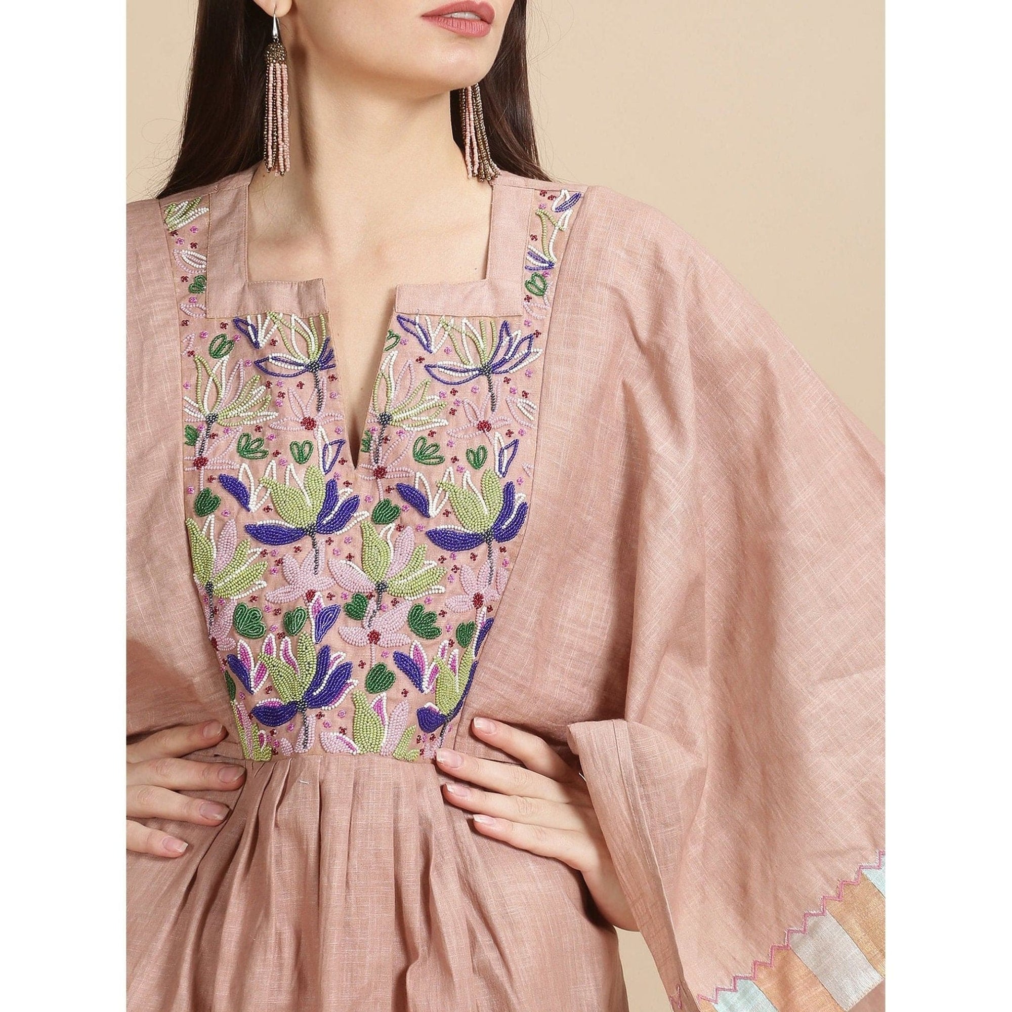 Peach Beads Work Kaftan - Charkha TalesPeach Beads Work Kaftan