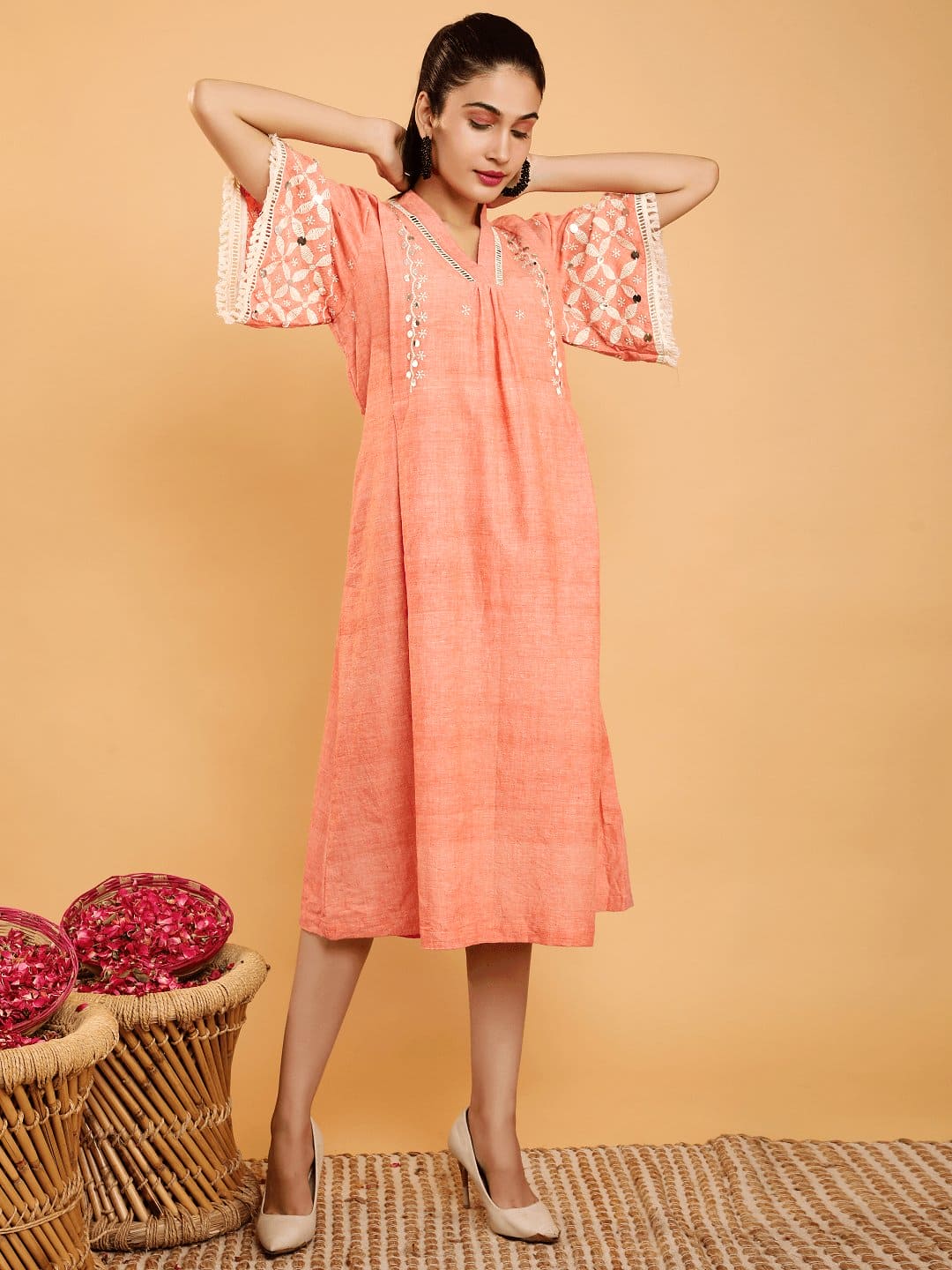 Peach Boho Chikankari Cotton Dress - Charkha TalesPeach Boho Chikankari Cotton Dress