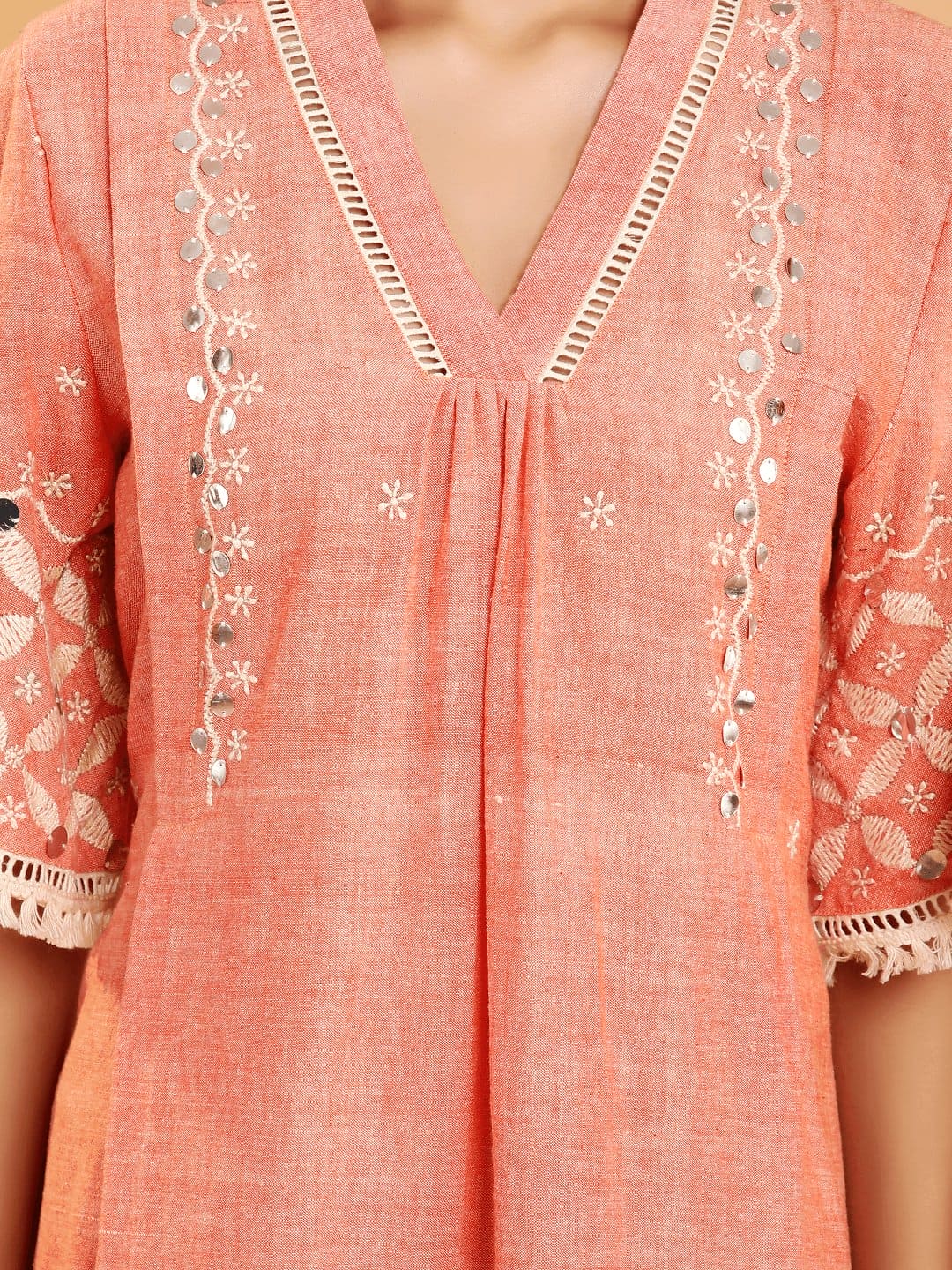 Peach Boho Chikankari Cotton Dress - Charkha TalesPeach Boho Chikankari Cotton Dress