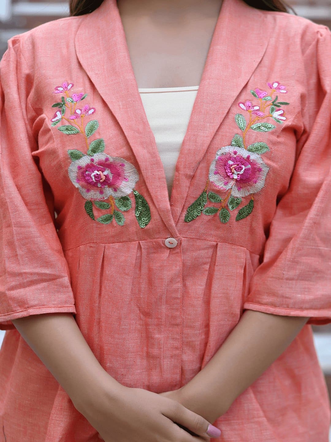 Peach Bold Bloom Embroidered Co-Ord Set - Charkha TalesPeach Bold Bloom Embroidered Co-Ord Set