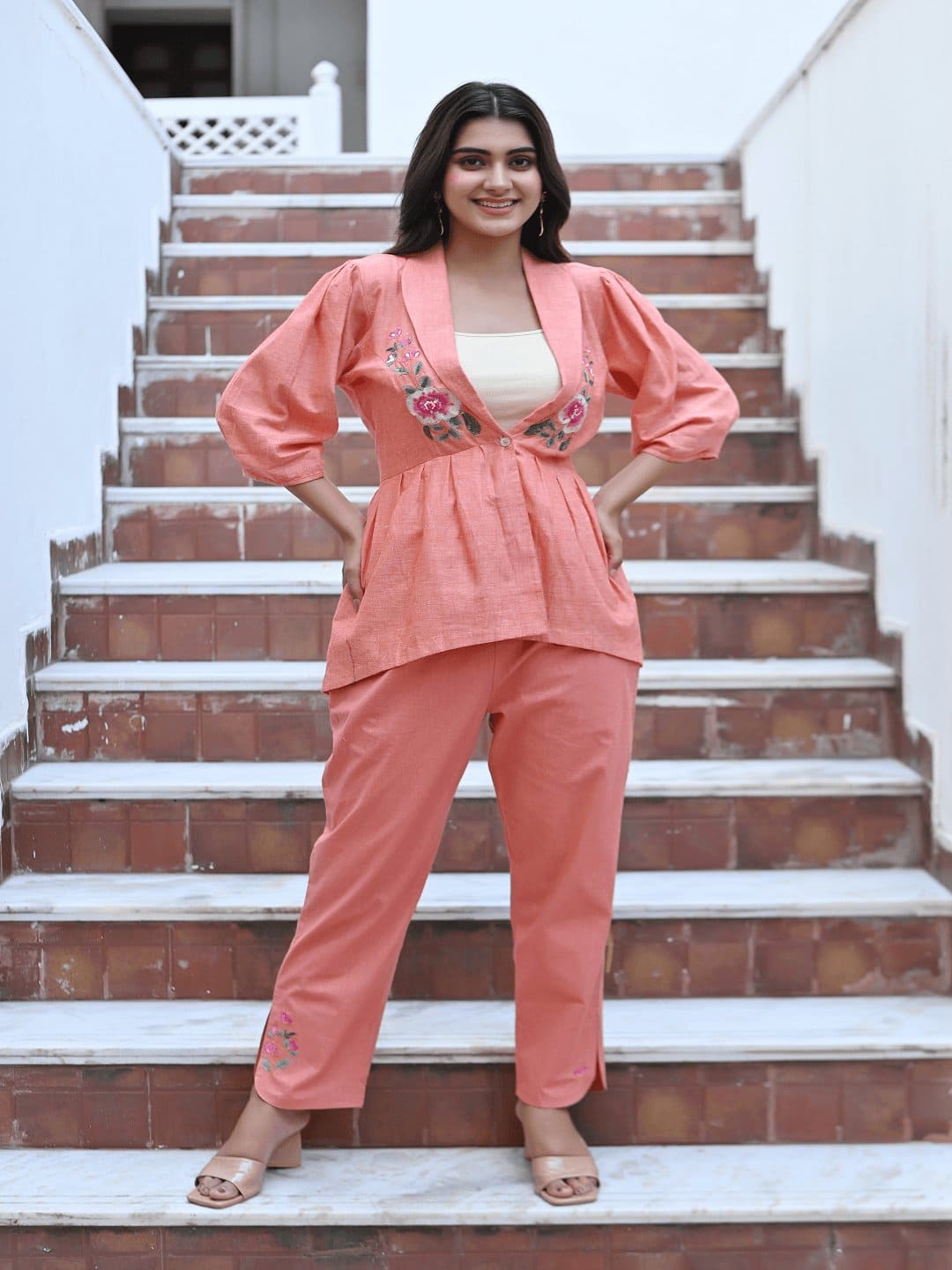 Peach Bold Bloom Embroidered Co-Ord Set - Charkha TalesPeach Bold Bloom Embroidered Co-Ord Set