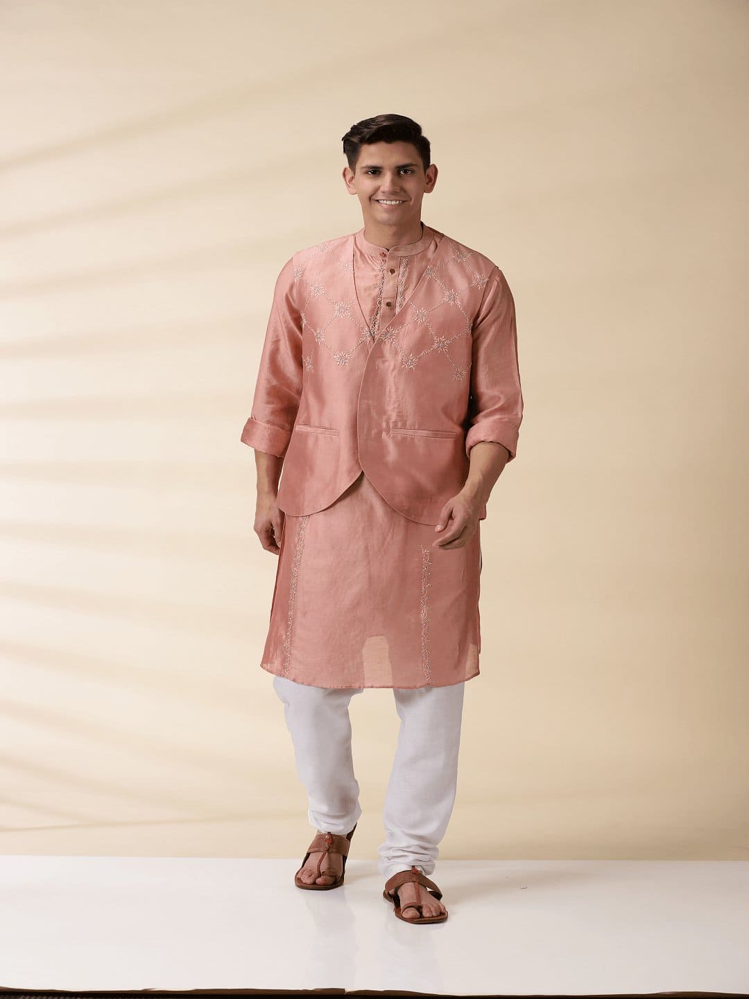 Peach Chanderi Men Nehru Jacket - Charkha TalesPeach Chanderi Men Nehru Jacket