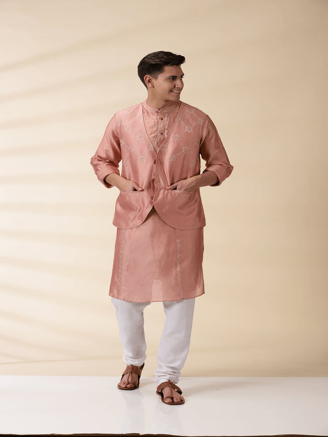 Peach Chanderi Men Nehru Jacket - Charkha TalesPeach Chanderi Men Nehru Jacket