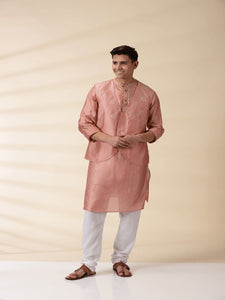 Chanderi Men Sadri & Kurta Set - Peach