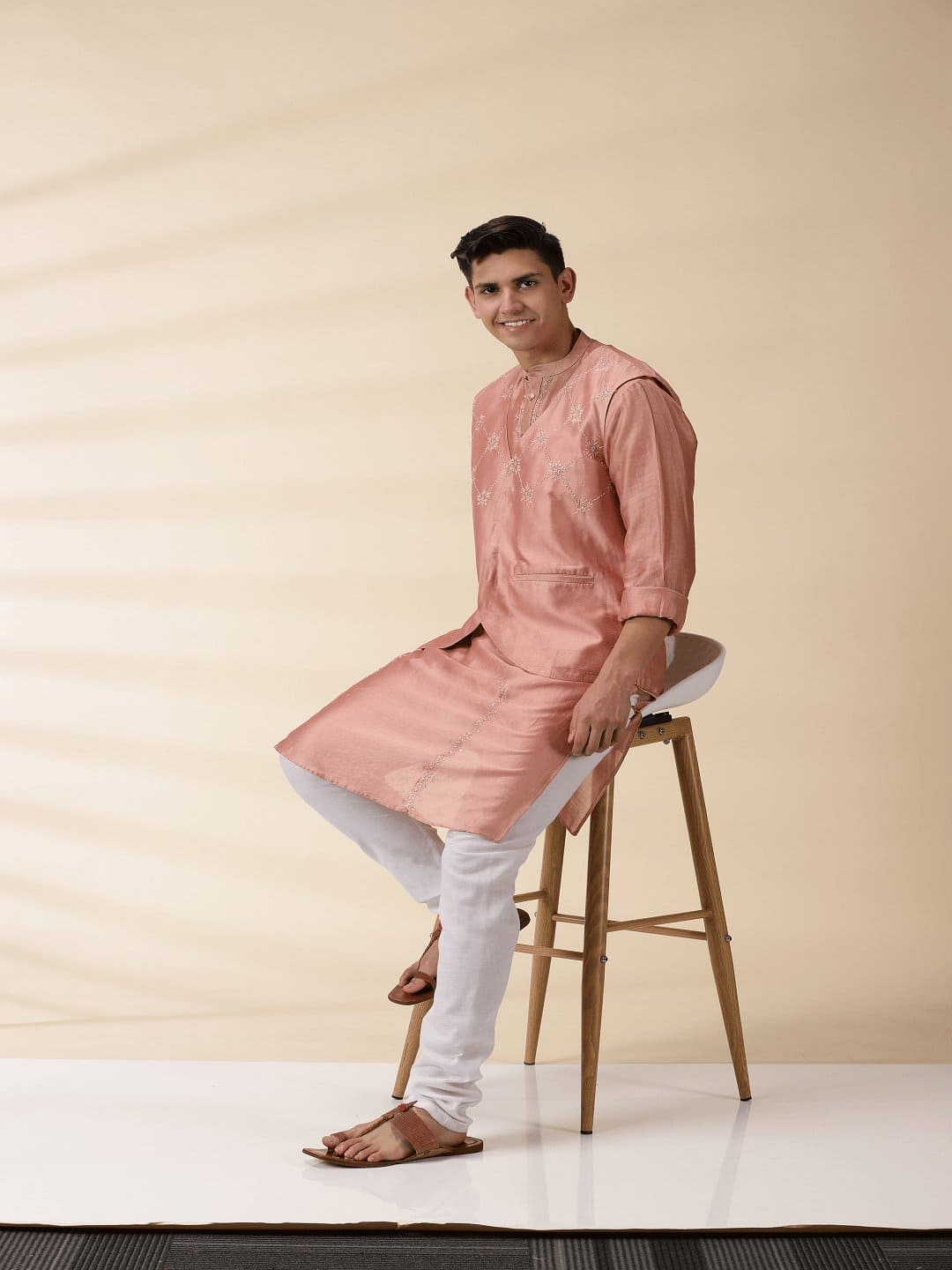 Peach Chanderi Men Sadri & Kurta Set - Charkha TalesPeach Chanderi Men Sadri & Kurta Set