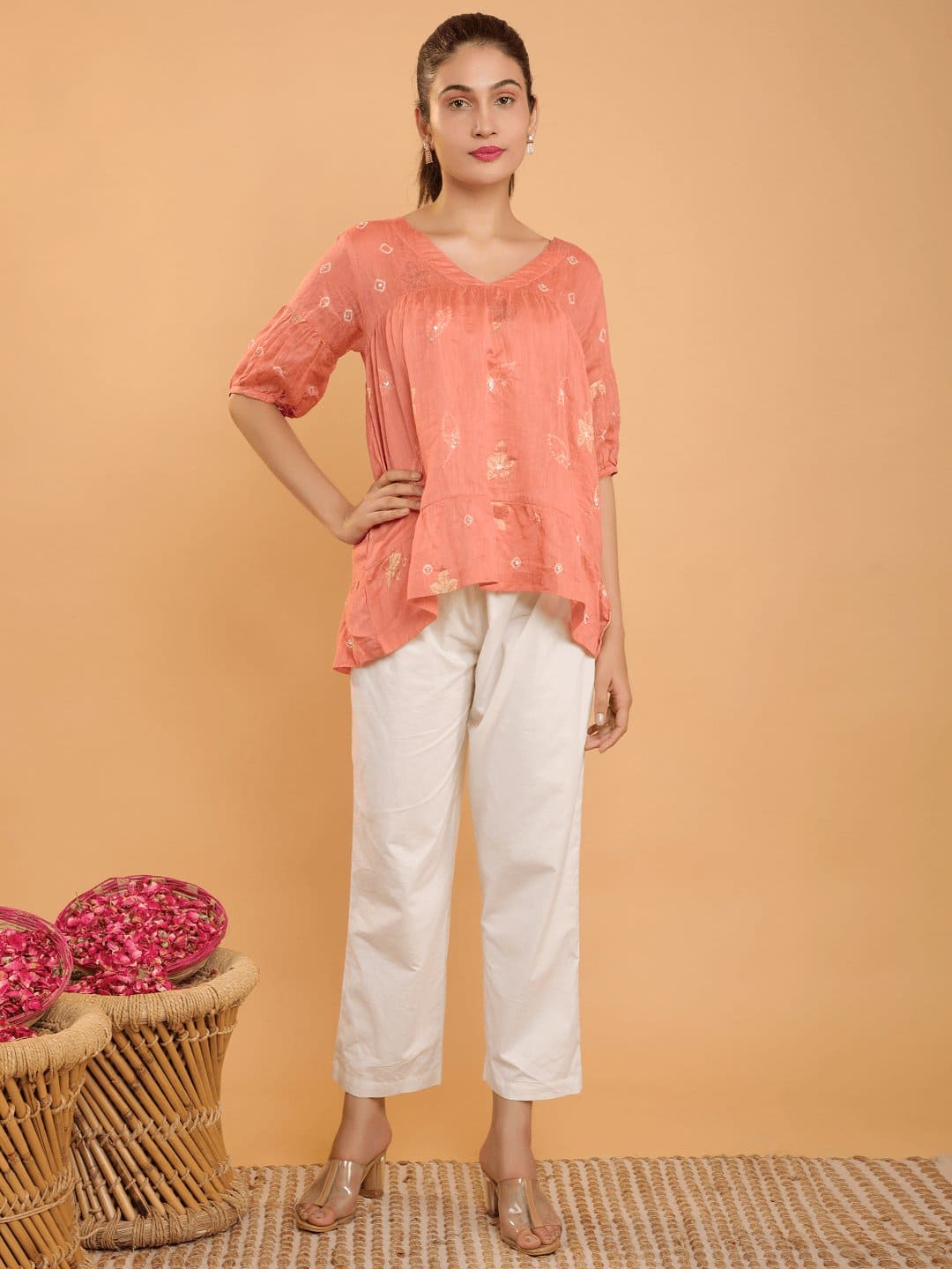 Peach Chanderi Tye n Dye Top - Charkha TalesPeach Chanderi Tye n Dye Top