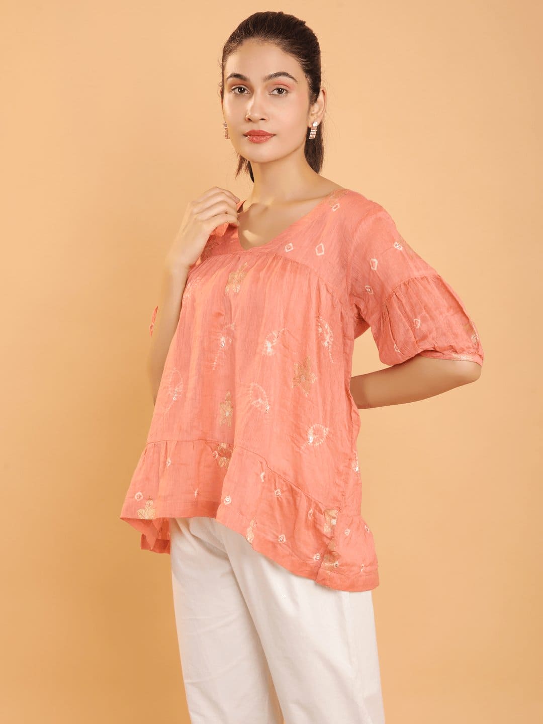 Peach Chanderi Tye n Dye Top - Charkha TalesPeach Chanderi Tye n Dye Top