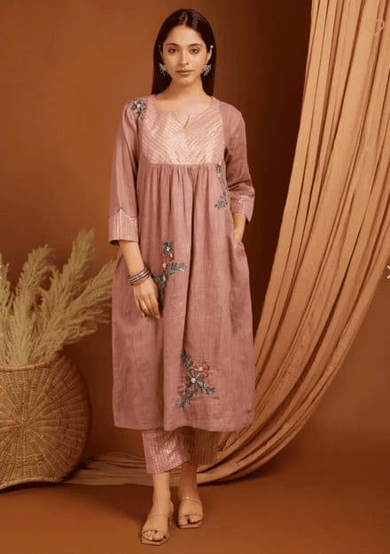 Peach Embroidered Linen Kurta Set - Charkha TalesPeach Embroidered Linen Kurta Set