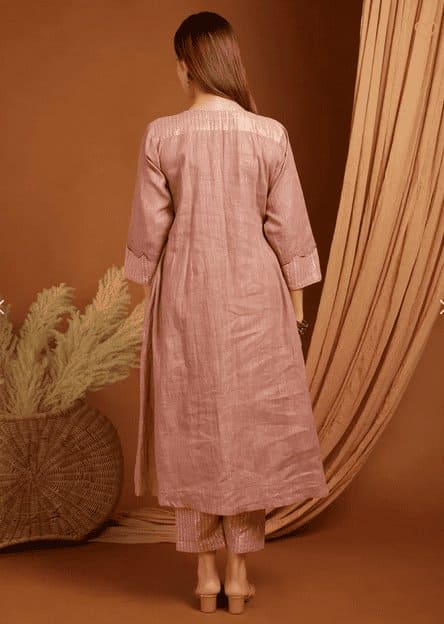 Peach Embroidered Linen Kurta Set - Charkha TalesPeach Embroidered Linen Kurta Set