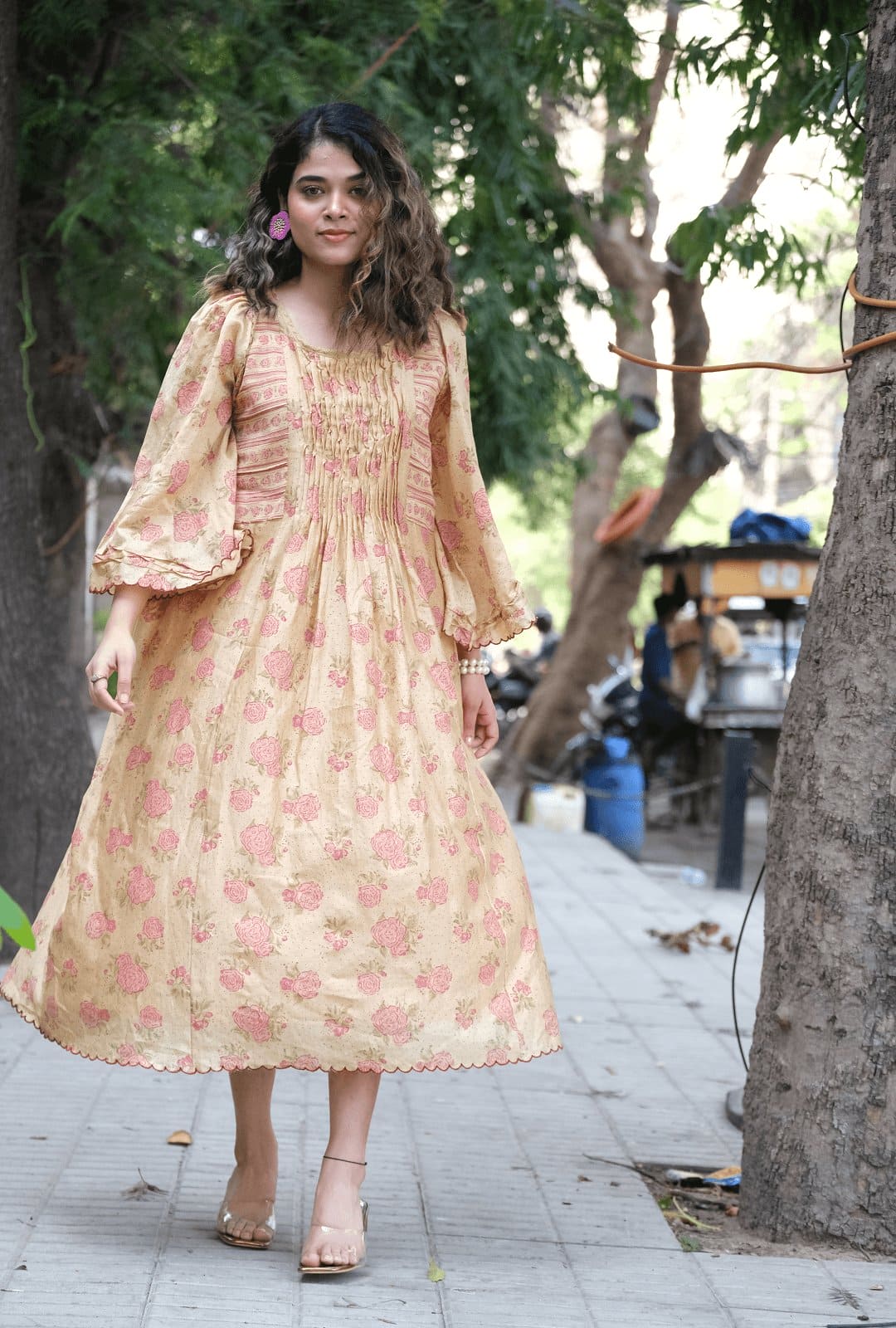 Peach Hand Block Print Mulmul Dress - Charkha TalesPeach Hand Block Print Mulmul Dress