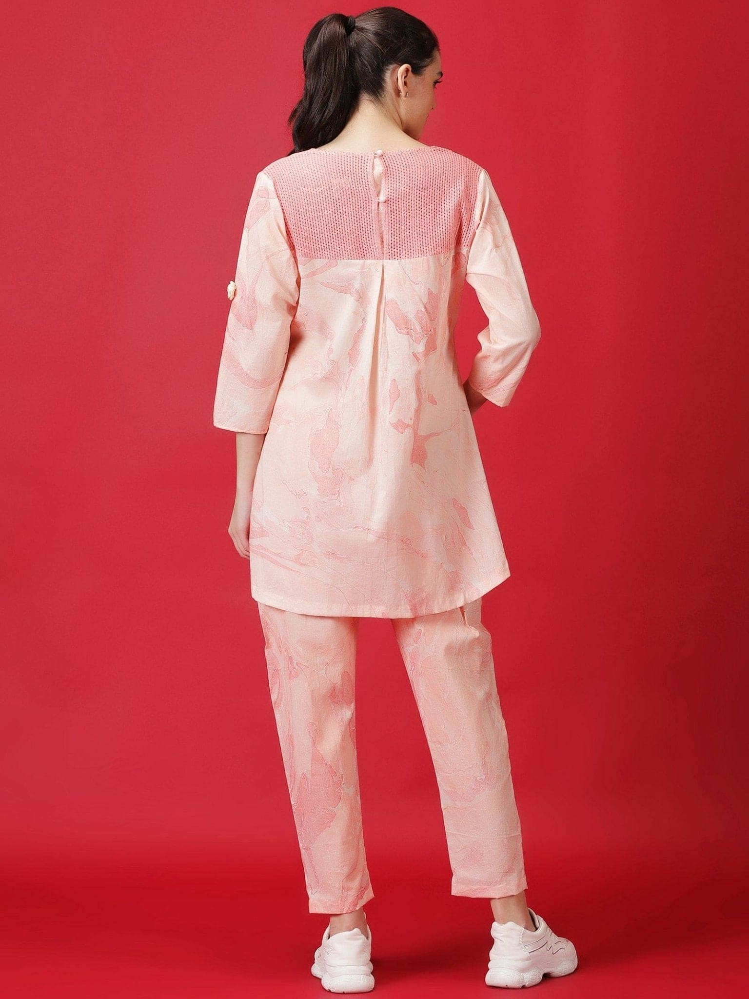 Peach Hand Marble Dyed Athleisure Set - Charkha TalesPeach Hand Marble Dyed Athleisure Set