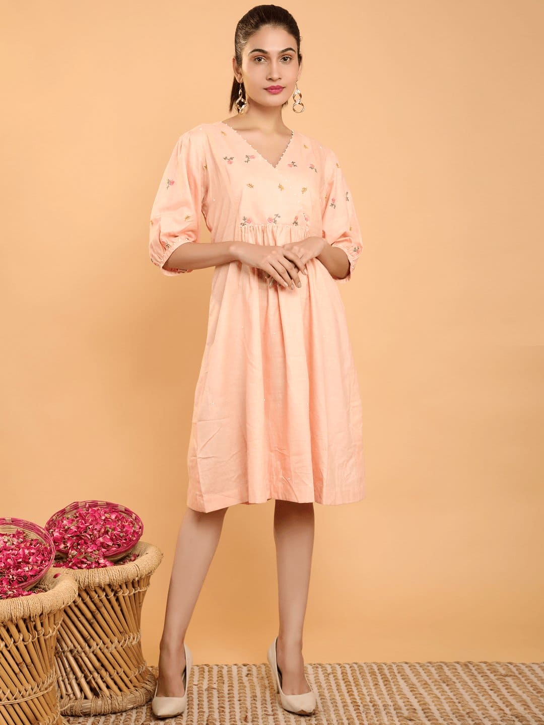 Peach Khadi Boho Chikankari Dress - Charkha TalesPeach Khadi Boho Chikankari Dress