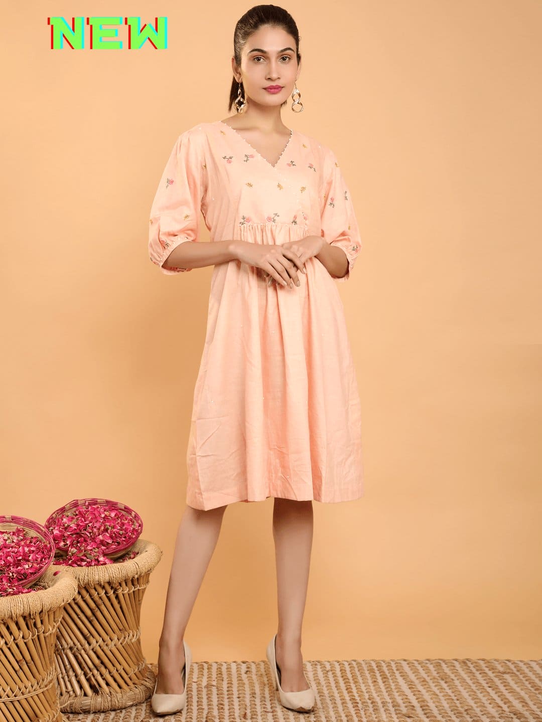 Peach Khadi Boho Chikankari Dress - Charkha TalesPeach Khadi Boho Chikankari Dress