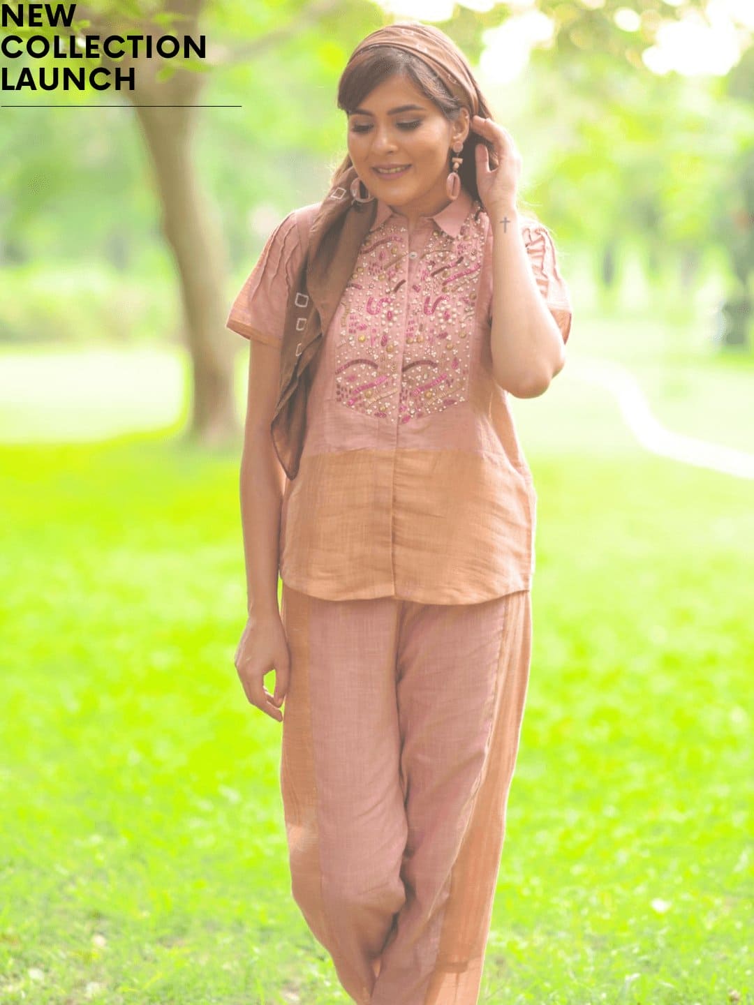 Peach Linen Crystal Zari Co-ord Set - Charkha TalesPeach Linen Crystal Zari Co-ord Set