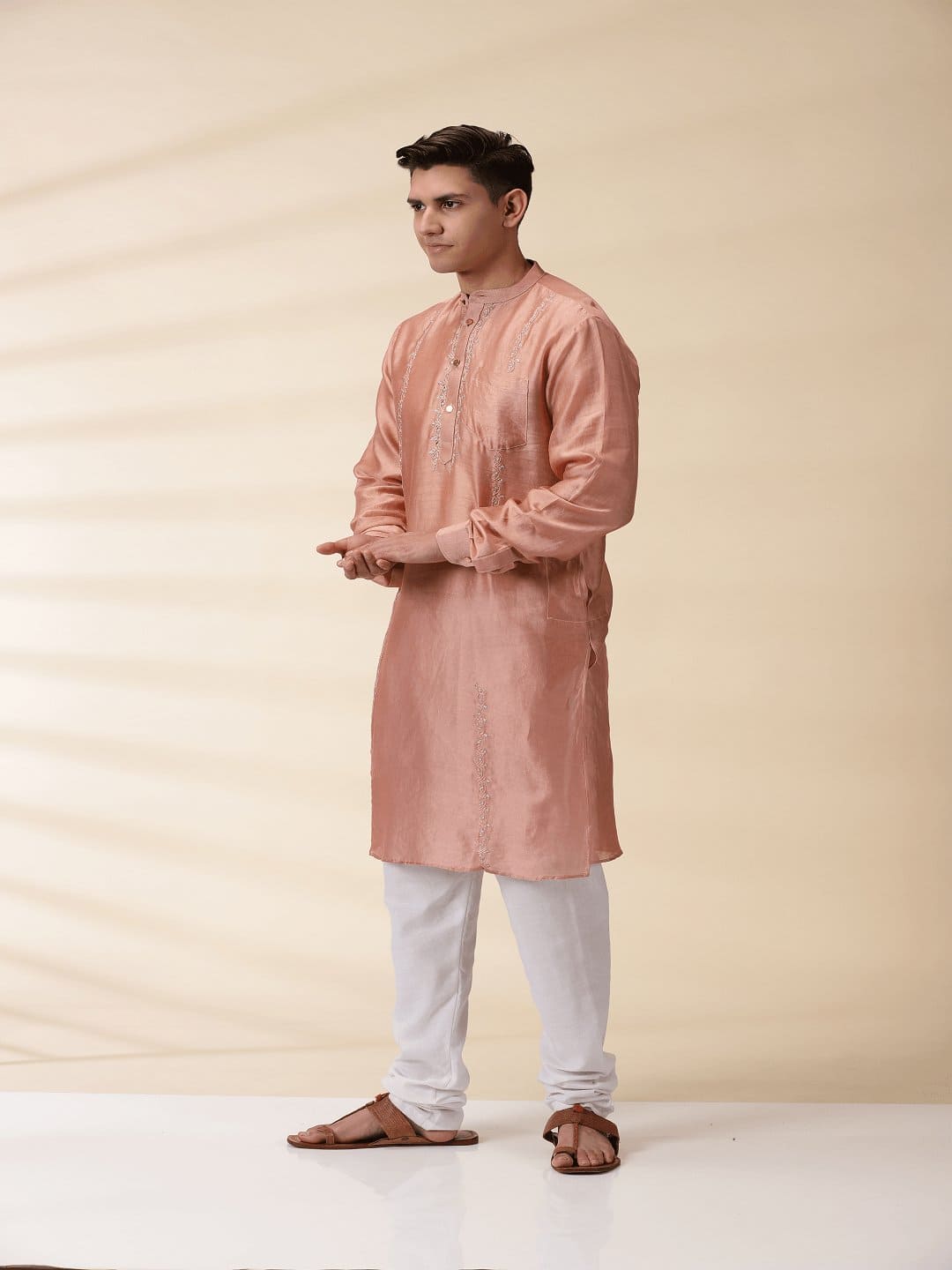 Peach Men Chanderi Chikankari Kurta - Charkha TalesPeach Men Chanderi Chikankari Kurta