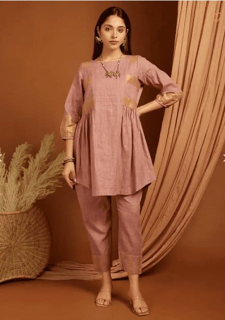 Peach Shimmer Linen Co-Ord Set - Charkha TalesPeach Shimmer Linen Co-Ord Set