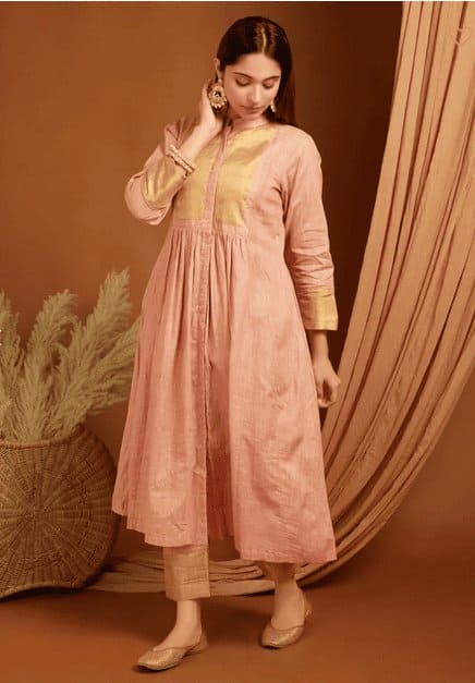 Peach Shimmer Linen Kurta Set - Charkha TalesPeach Shimmer Linen Kurta Set