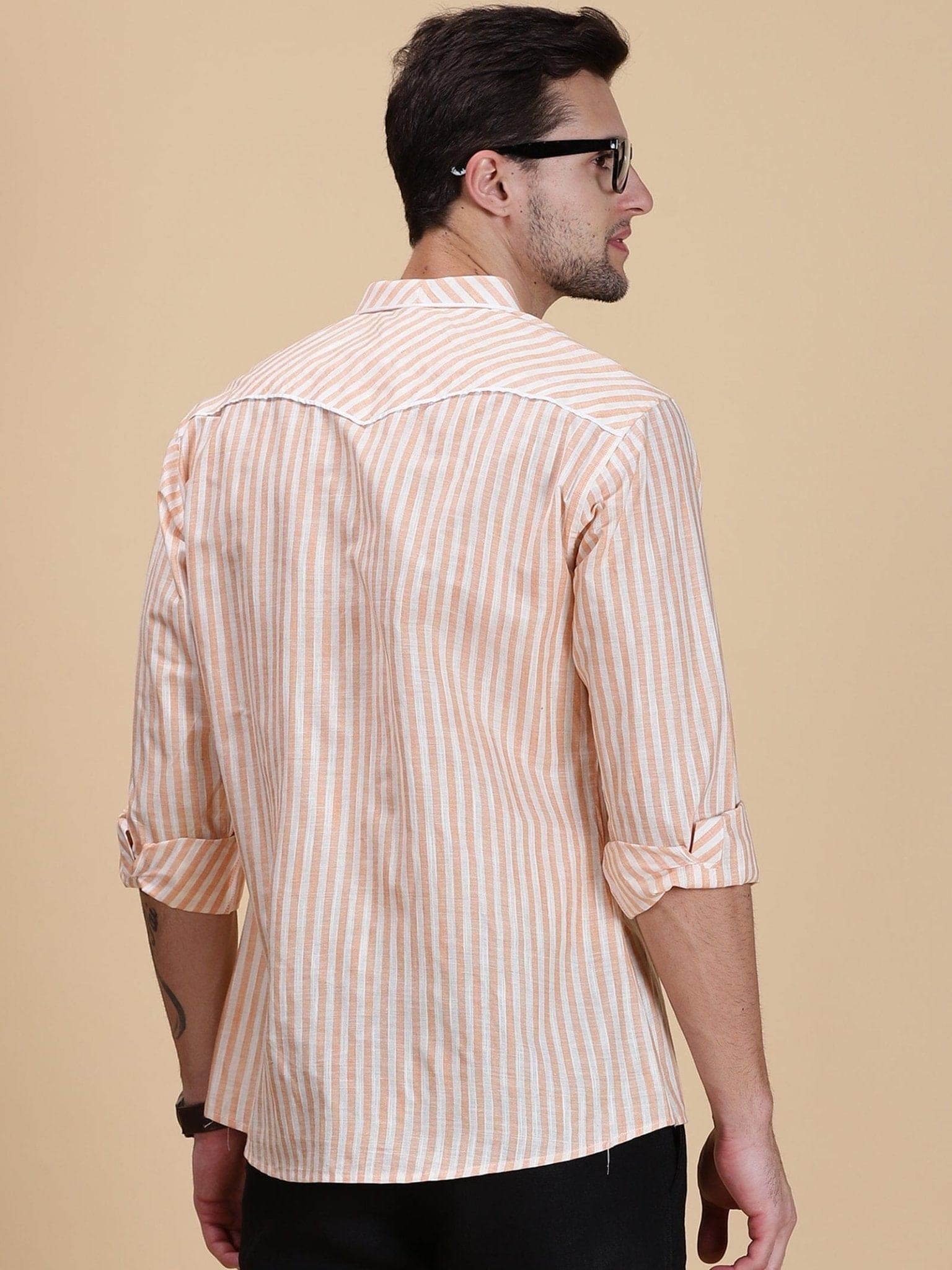 Peach Striped Linen Men Shirt - Charkha TalesPeach Striped Linen Men Shirt