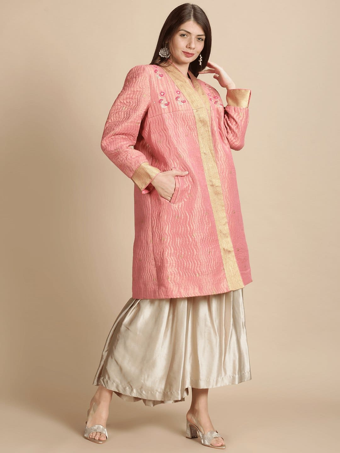 Pink Banarsi Zari Quilted Jacket - Charkha TalesPink Banarsi Zari Quilted Jacket