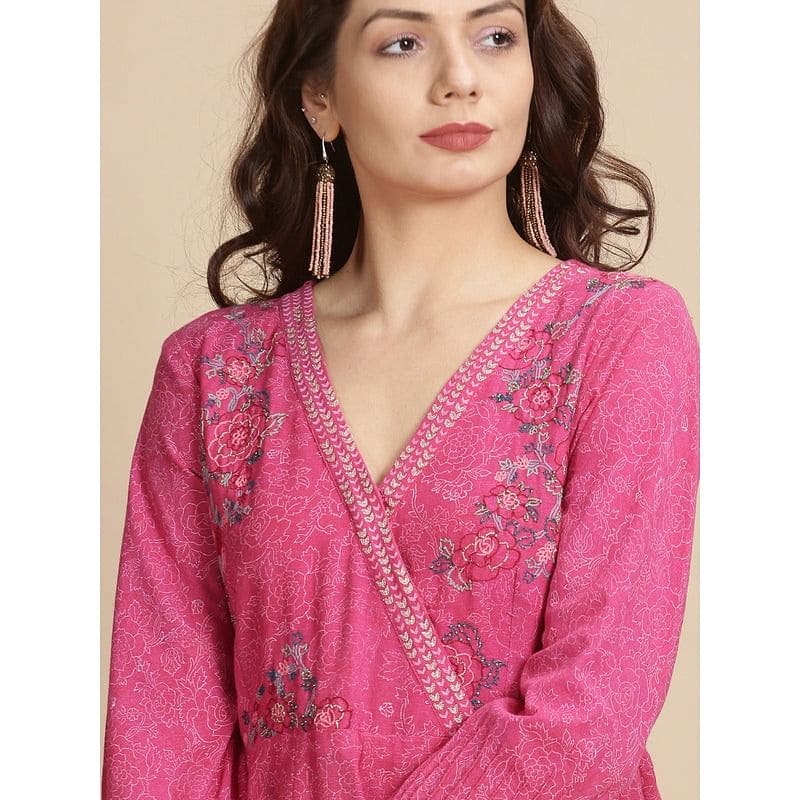 Pink Block Print Anarkali Kurta Set - Charkha TalesPink Block Print Anarkali Kurta Set