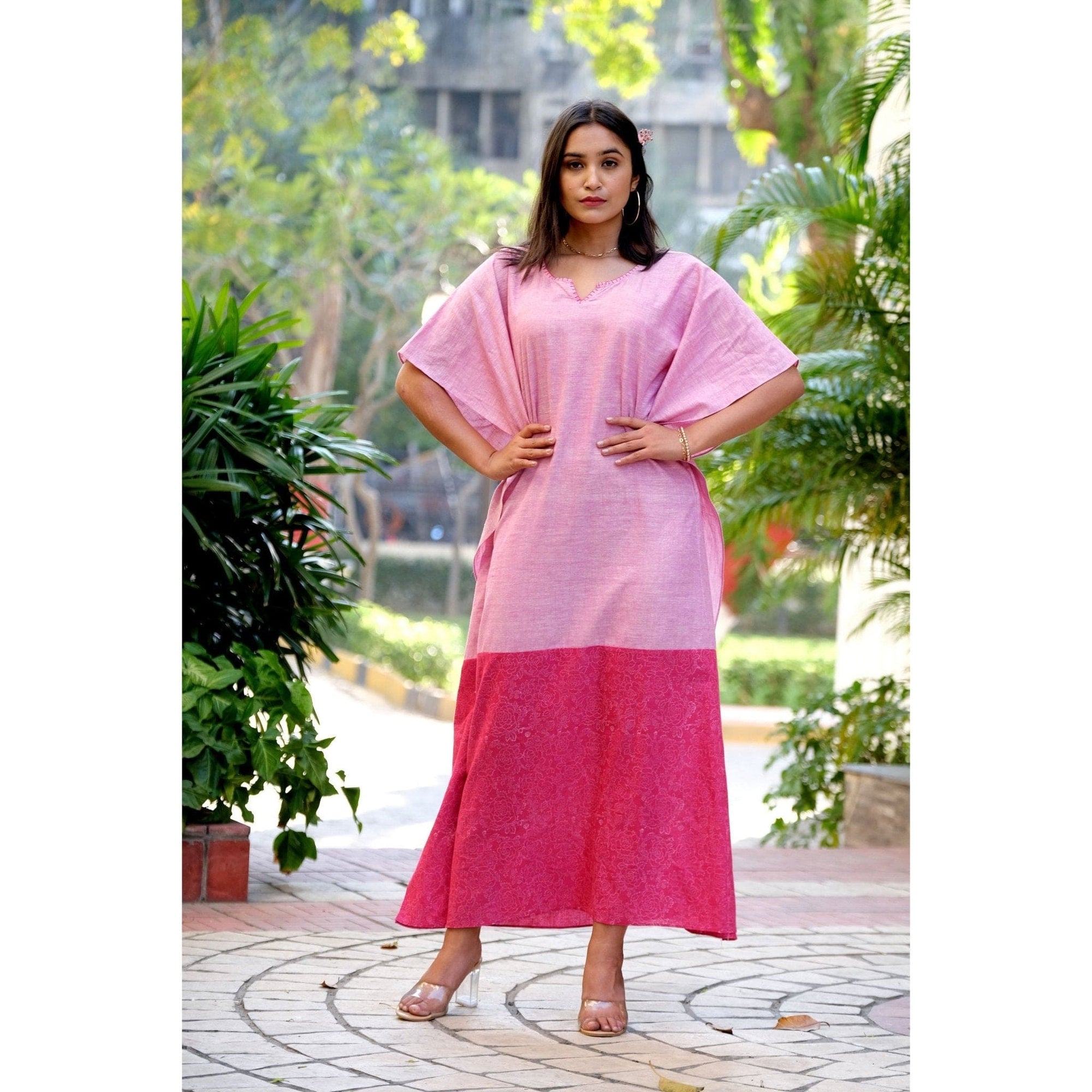 Pink Block Print Cotton Kaftan - Charkha TalesPink Block Print Cotton Kaftan