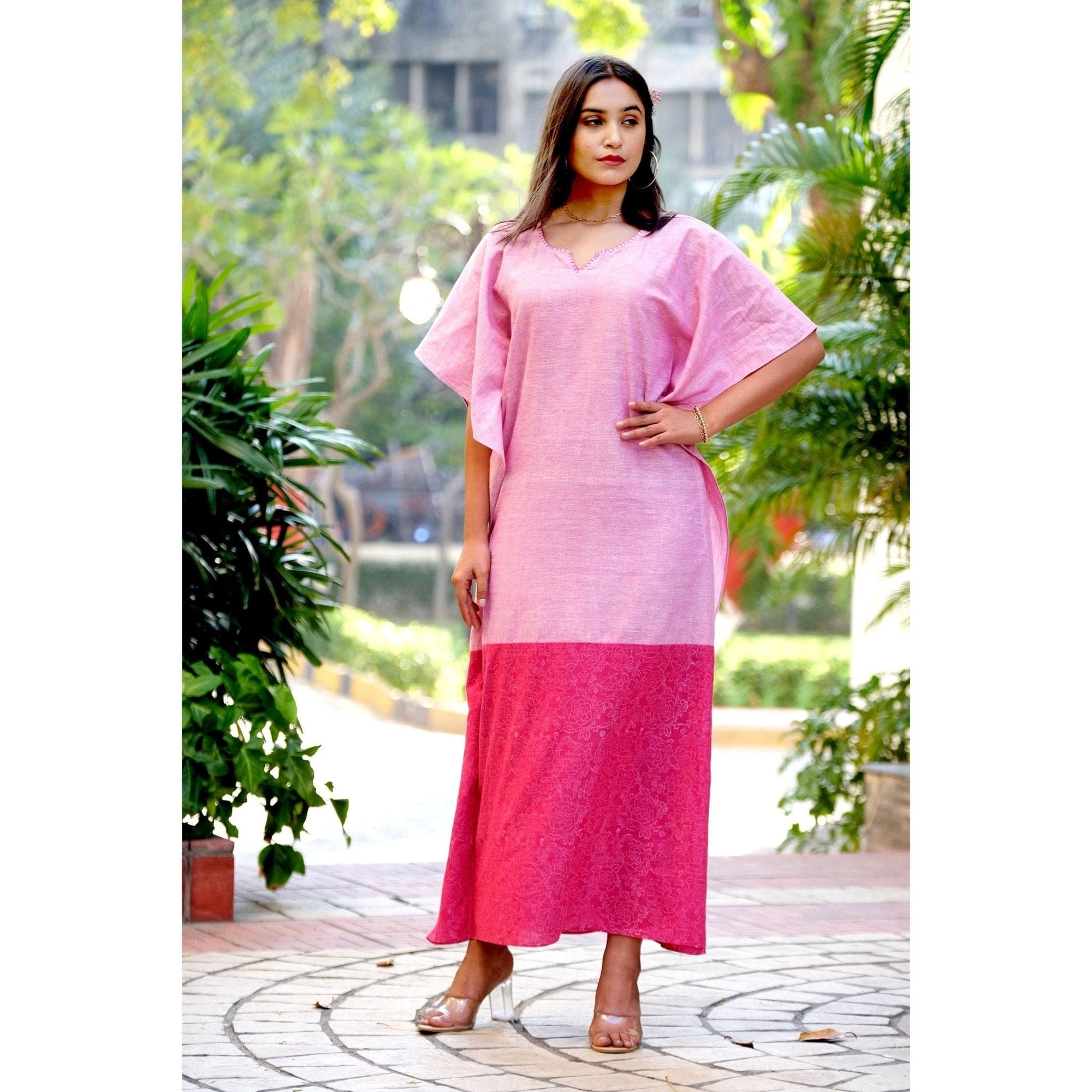 Pink Block Print Cotton Kaftan - Charkha TalesPink Block Print Cotton Kaftan