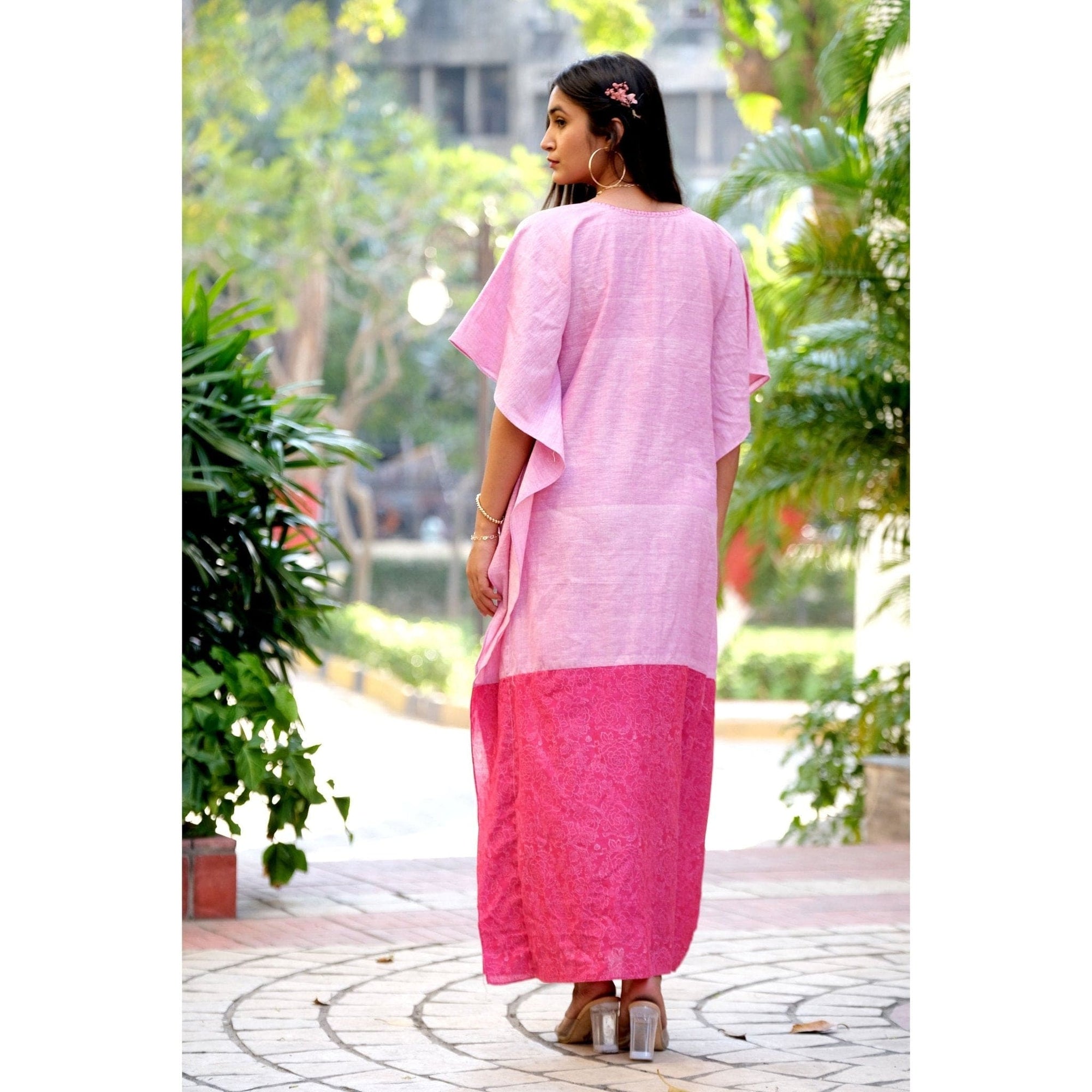 Pink Block Print Cotton Kaftan - Charkha TalesPink Block Print Cotton Kaftan
