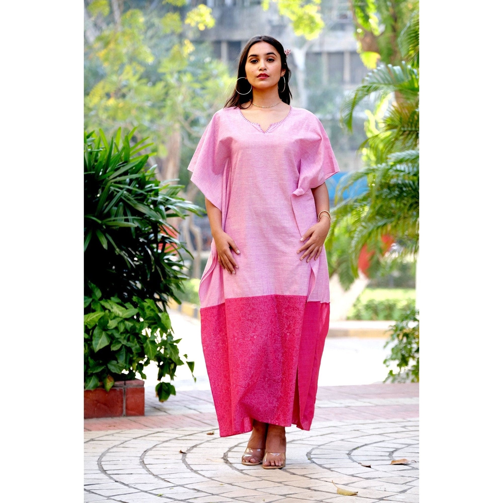 Pink Block Print Cotton Kaftan - Charkha TalesPink Block Print Cotton Kaftan