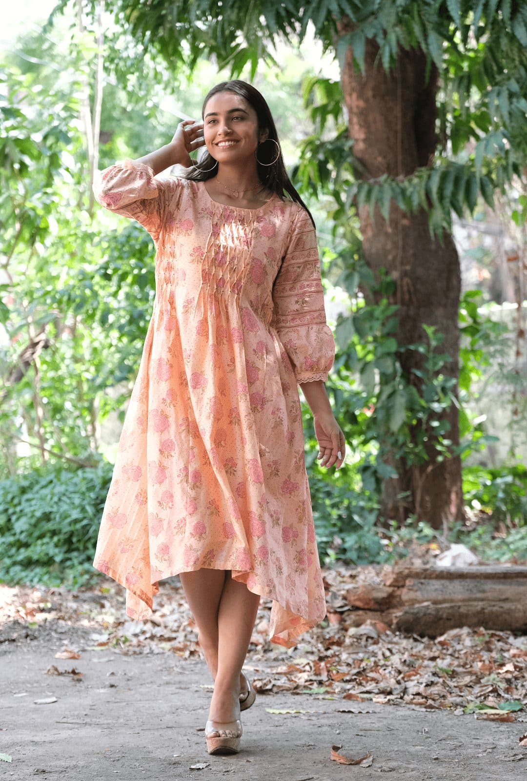 Pink Block Print Mulmul Dress - Charkha TalesPink Block Print Mulmul Dress