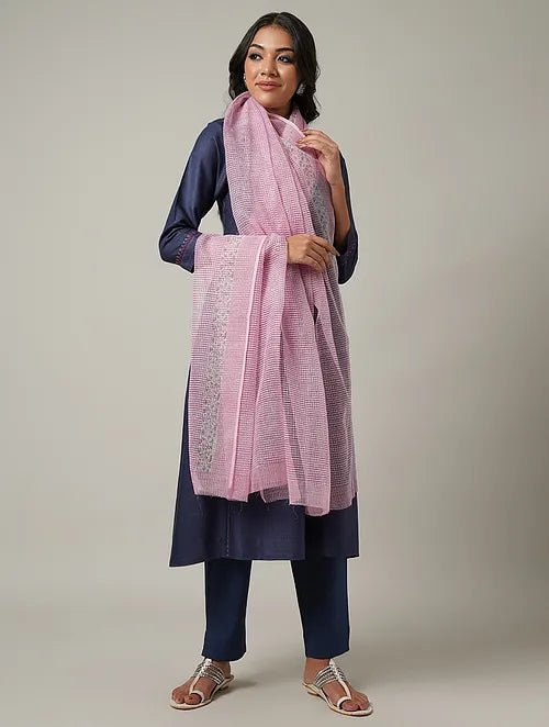 Pink Block Printed Kota Dupatta - Charkha TalesPink Block Printed Kota Dupatta