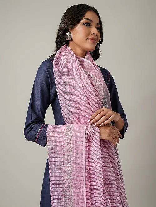 Pink Block Printed Kota Dupatta - Charkha TalesPink Block Printed Kota Dupatta