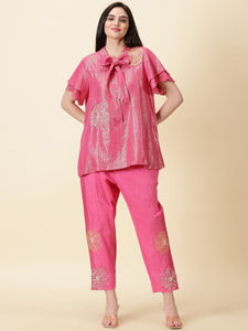 Cotton Lurex Striped Women Co-ord Set - Pink