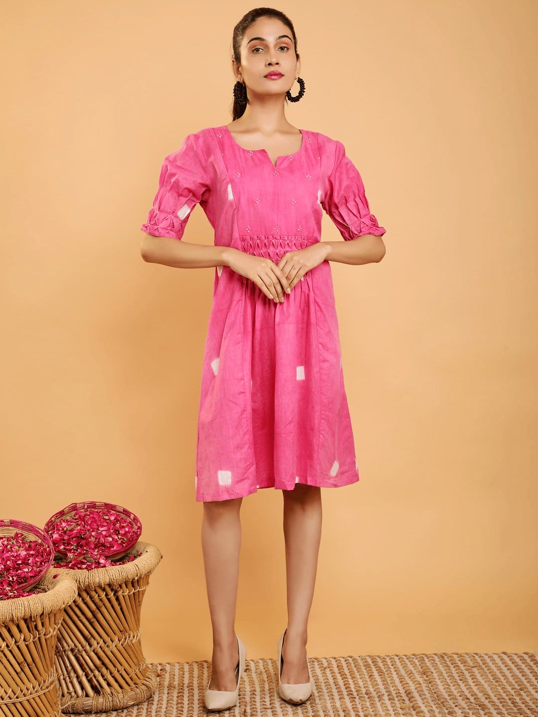 Pink Clamp Dye Chanderi Dress - Charkha TalesPink Clamp Dye Chanderi Dress