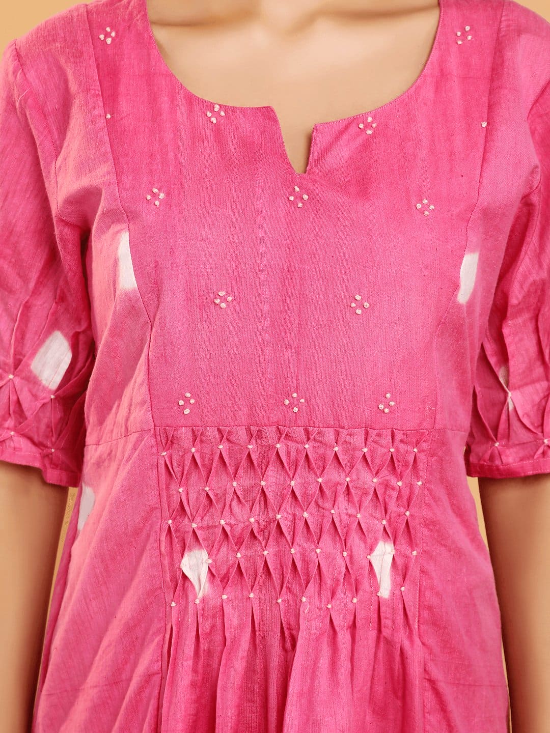 Pink Clamp Dye Chanderi Dress - Charkha TalesPink Clamp Dye Chanderi Dress