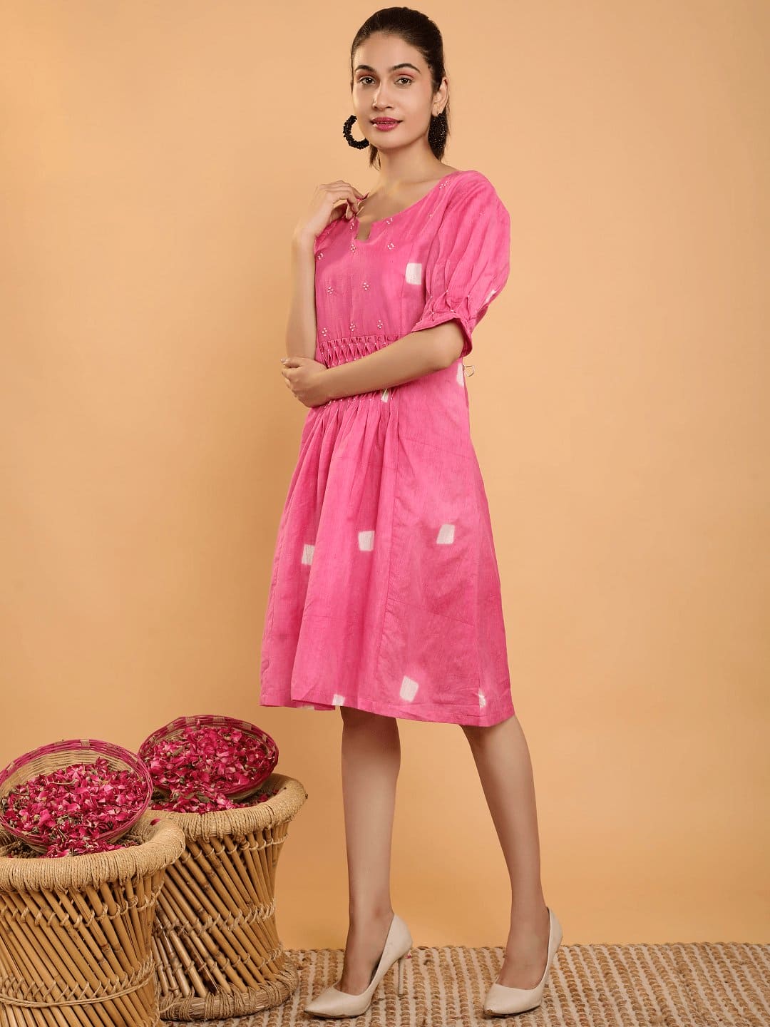 Pink Clamp Dye Chanderi Dress - Charkha TalesPink Clamp Dye Chanderi Dress