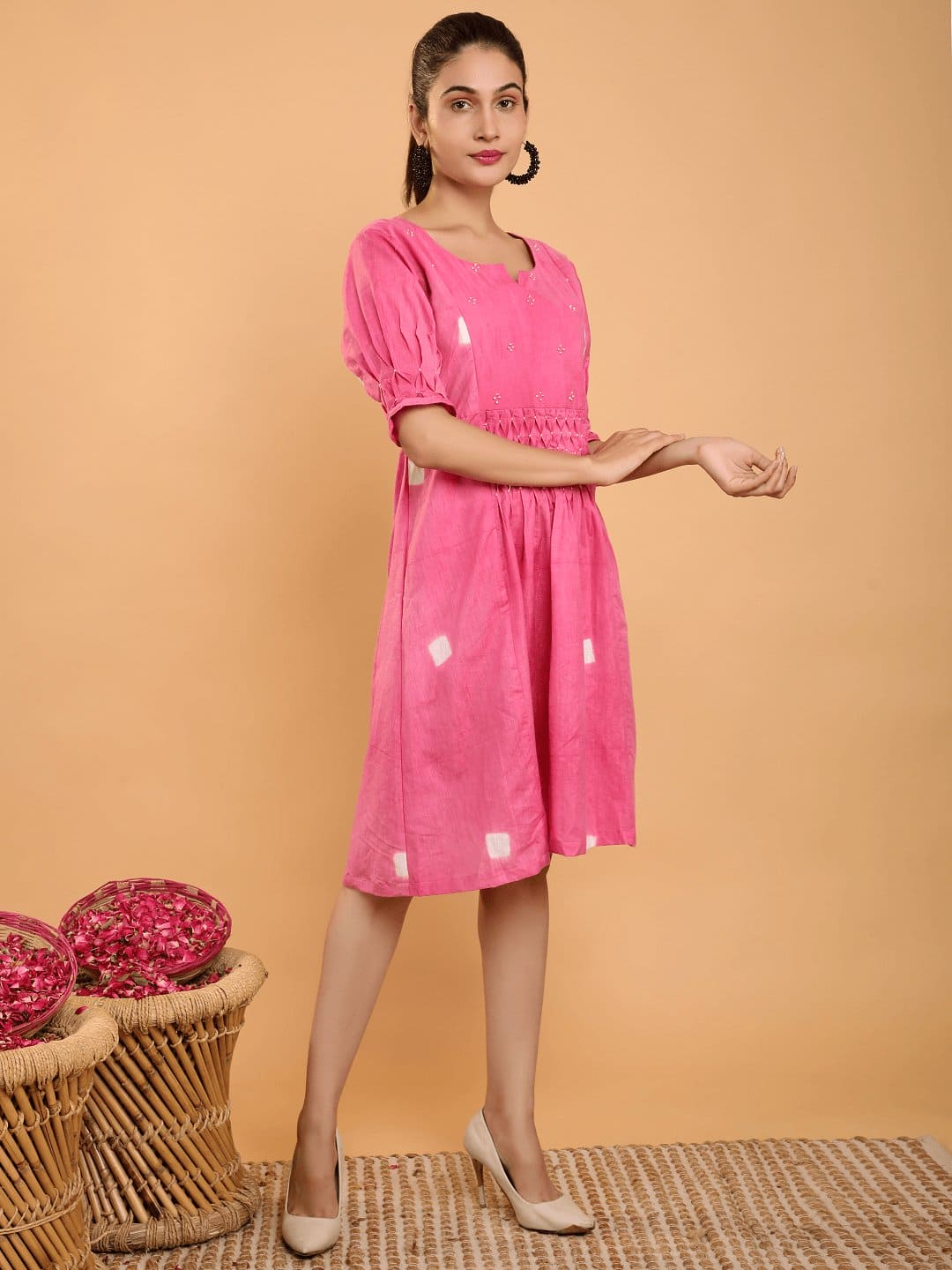 Pink Clamp Dye Chanderi Dress - Charkha TalesPink Clamp Dye Chanderi Dress