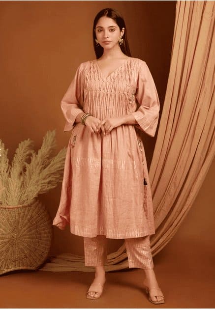 Pink Embroidered Linen Kurta Set - Charkha TalesPink Embroidered Linen Kurta Set